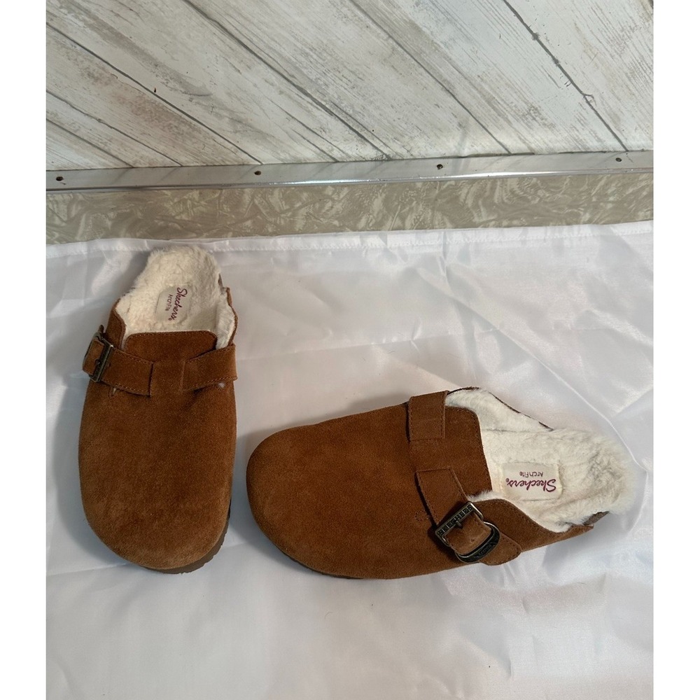 Skechers Relaxed Arch Fit Suede Brown Women's 9 Clogs Leather Upper Buckles